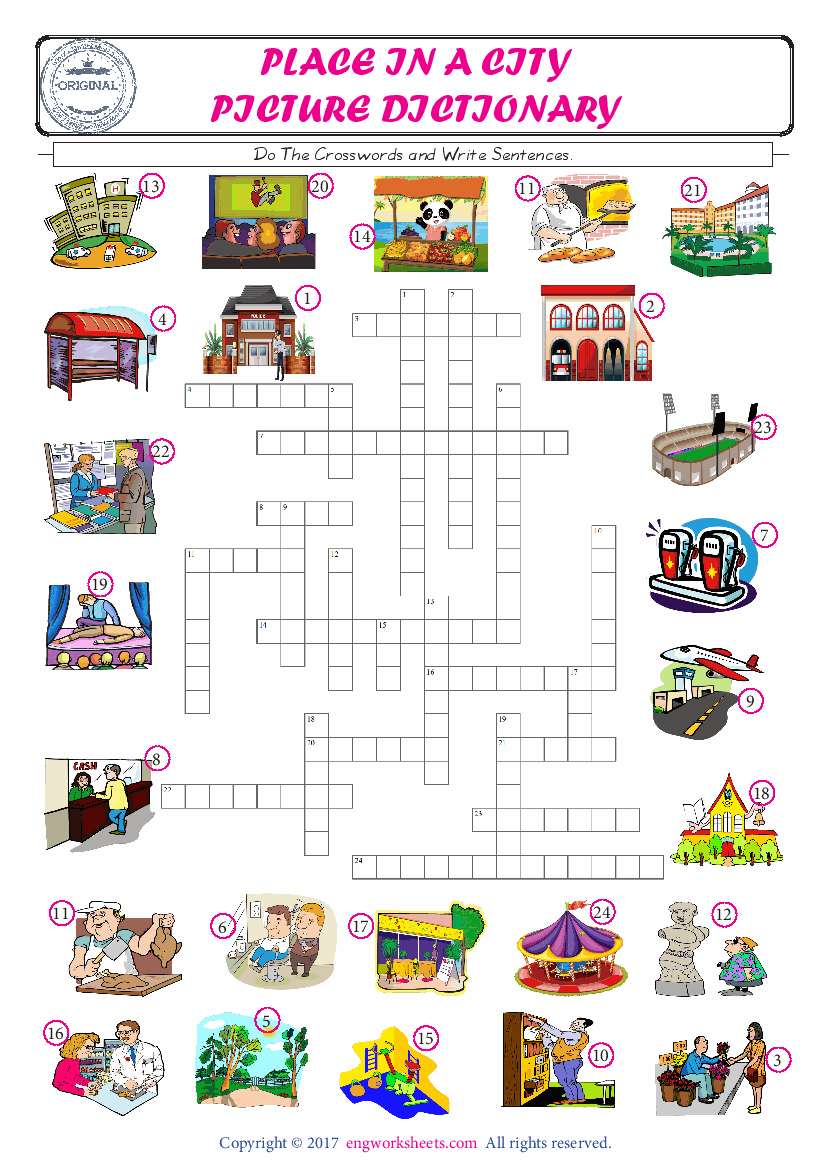  ESL printable worksheet for kids, supply the missing words of the crossword by using the Places In A City picture. 